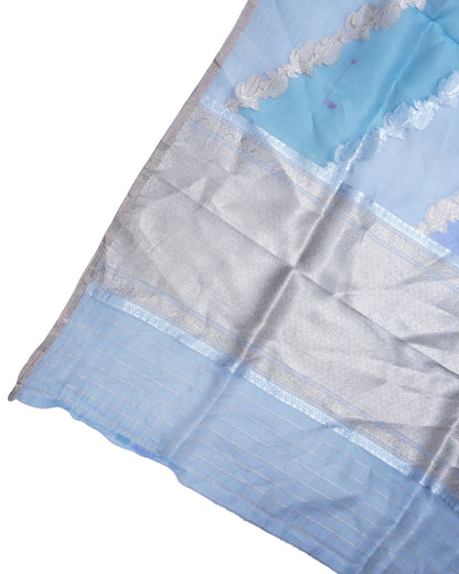 Powder Blue Handloom Kora Aada Rangkat Banarasi Saree