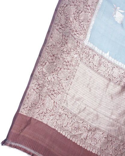 Powder Blue Handloom Pure Silk Banarasi Saree