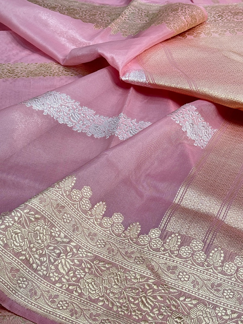 Rose Pink Banarasi Kora Silk Handwoven Saree