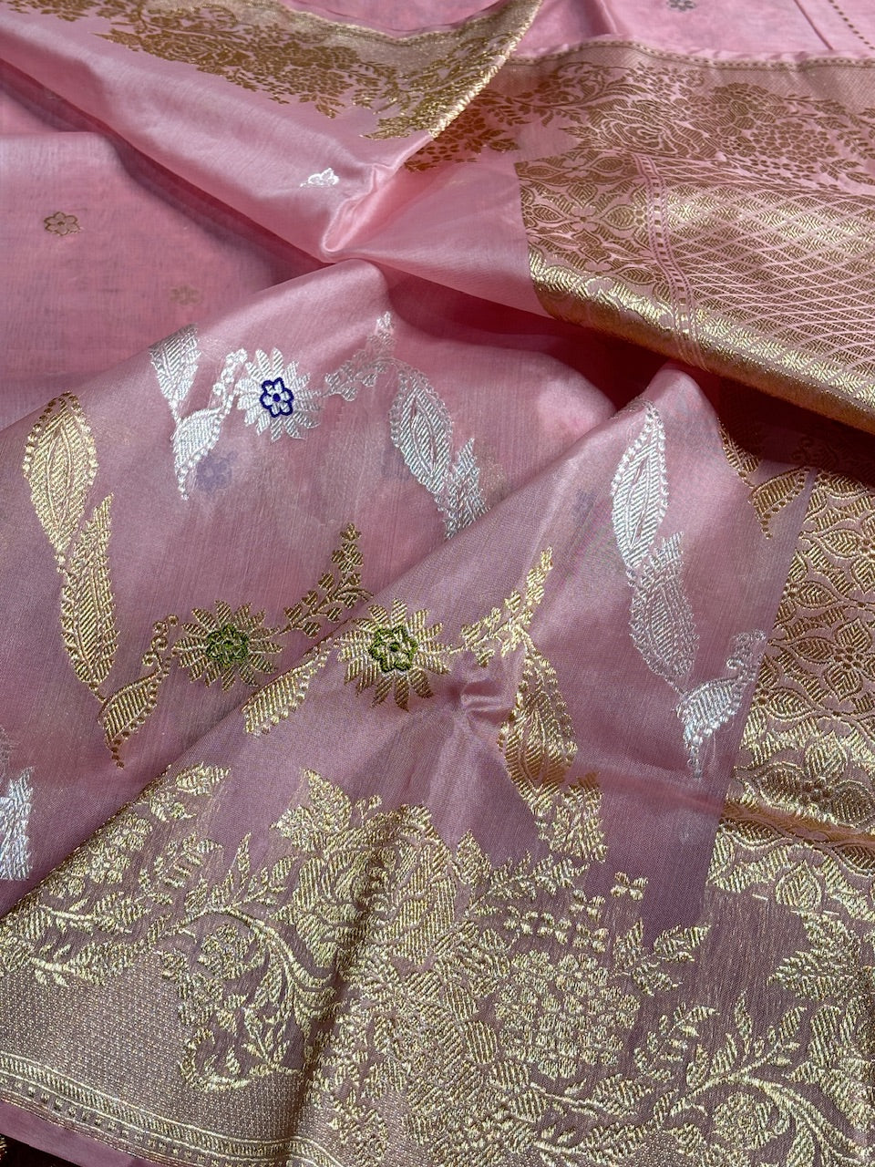 Rose Pink Banarasi Kora Silk Handwoven Saree