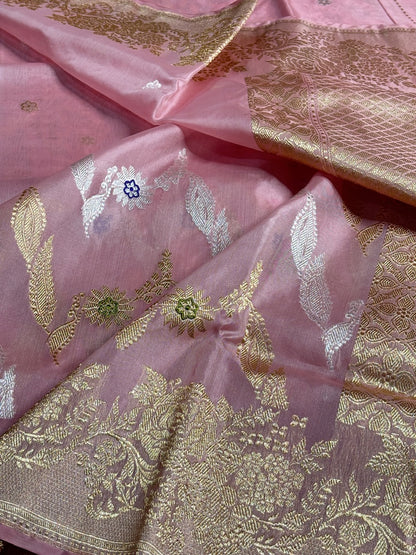 Rose Pink Banarasi Kora Silk Handwoven Saree