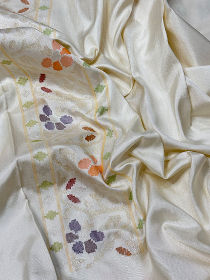 Ivory Banarasi Ektara Silk Handwoven Saree with Real Zari