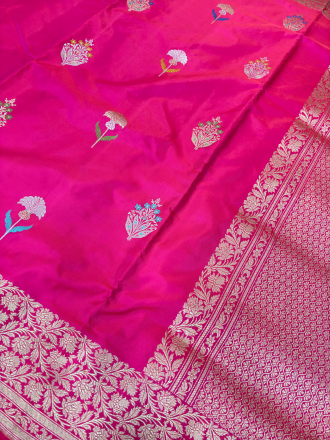 Handloom Pure Katan Silk Guldasta Tilfi Minakari Buti Saree in Kadhwa Weave