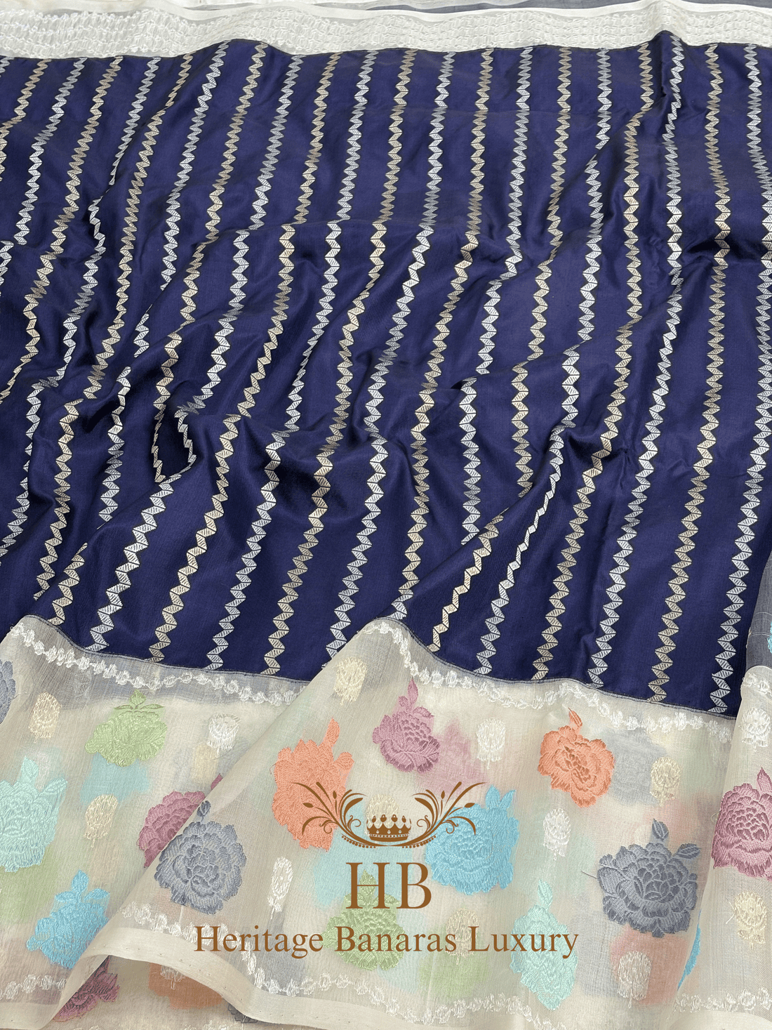 Navy Blue Handwoven Banarasi Pure Katan Silk Saree with Multicolour Kadhiyal Border