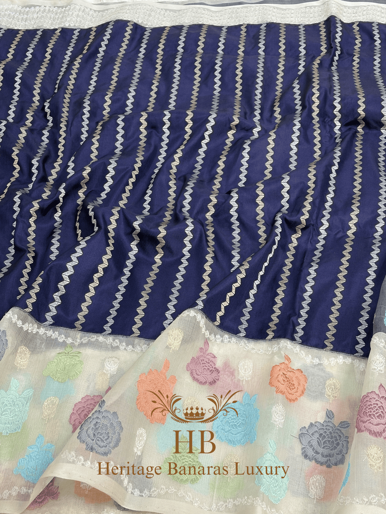 Navy Blue Handwoven Banarasi Pure Katan Silk Saree with Multicolour Kadhiyal Border