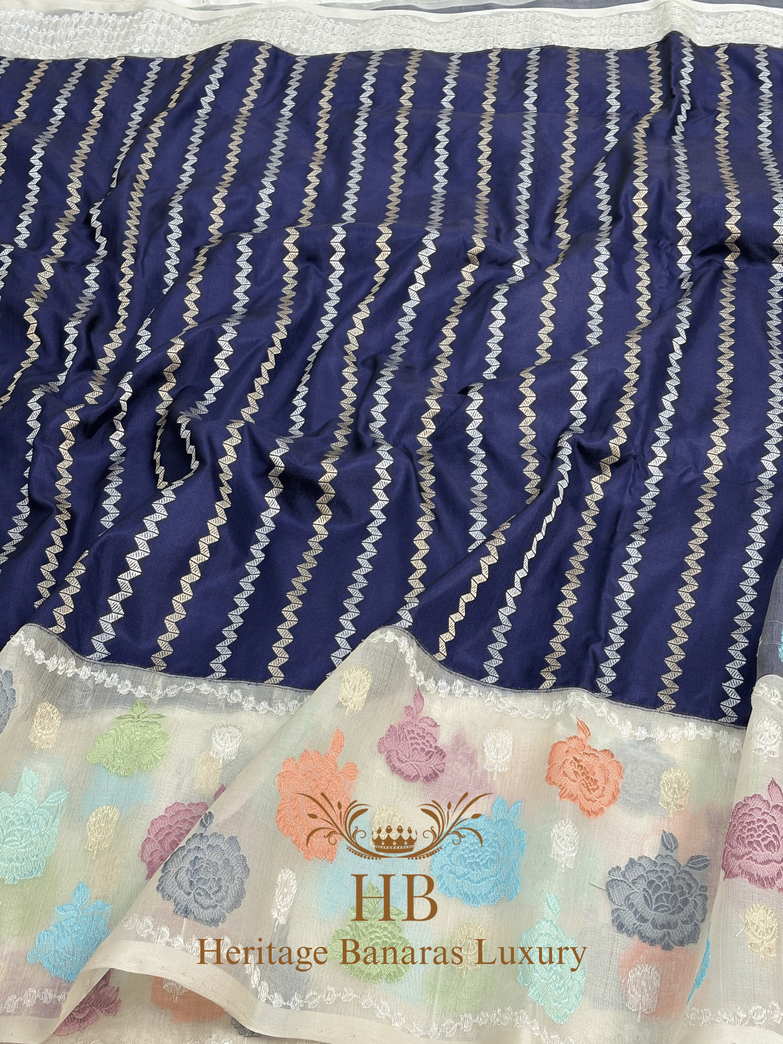 Navy Blue Handwoven Banarasi Pure Katan Silk Saree with Multicolour Kadhiyal Border