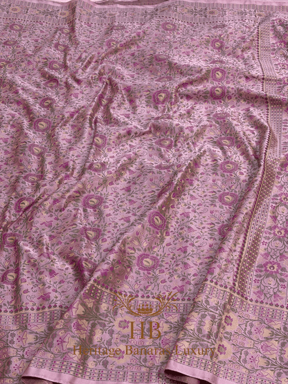 Baby Pink Handwoven Banarasi Pure Satin Silk Tanchoi Saree