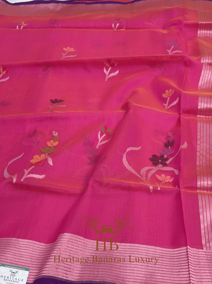 Rani Pink Handwoven Banarasi Pure Kora Silk Saree