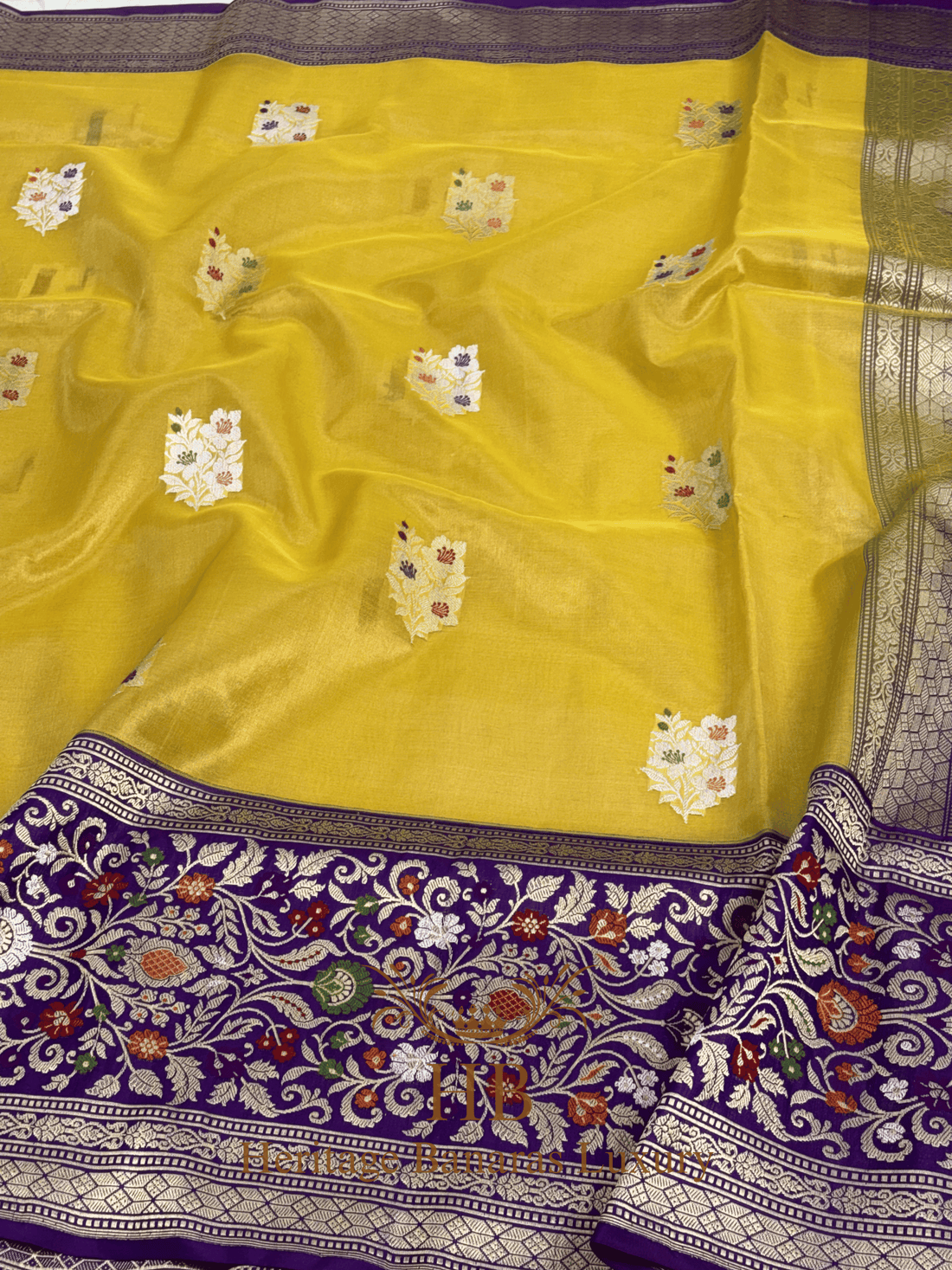 Yellow Handwoven Banarasi Pure Banarasi Tissue Silk Saree with Purple Kadhiyal Border