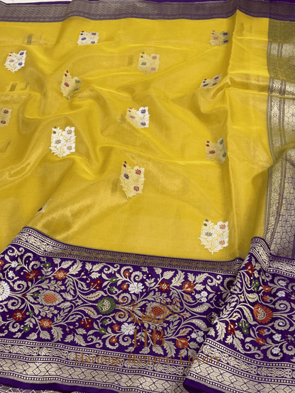 Yellow Handwoven Banarasi Pure Banarasi Tissue Silk Saree with Purple Kadhiyal Border