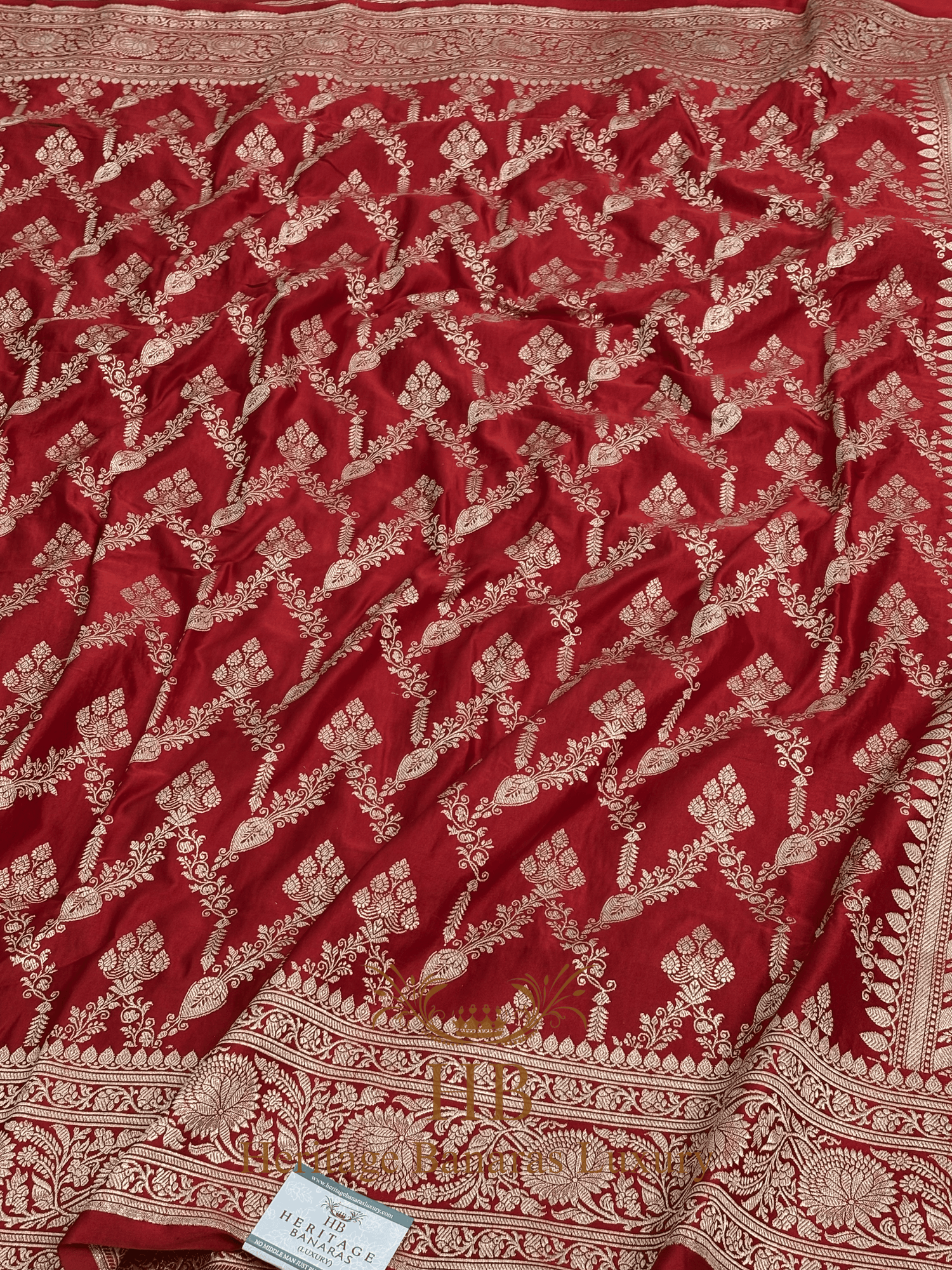 Red Handwoven Banarasi Pure Satin Silk Jaal Saree