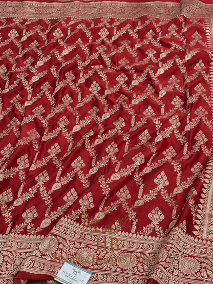 Red Handwoven Banarasi Pure Satin Silk Jaal Saree