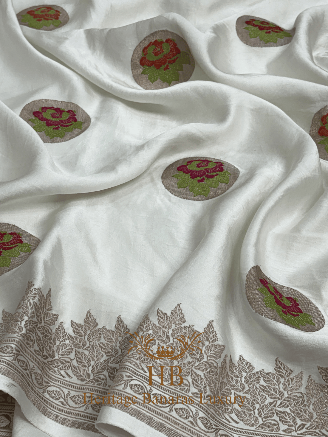 Natural Off-White Handwoven Banarasi Pure Mashru Silk Saree