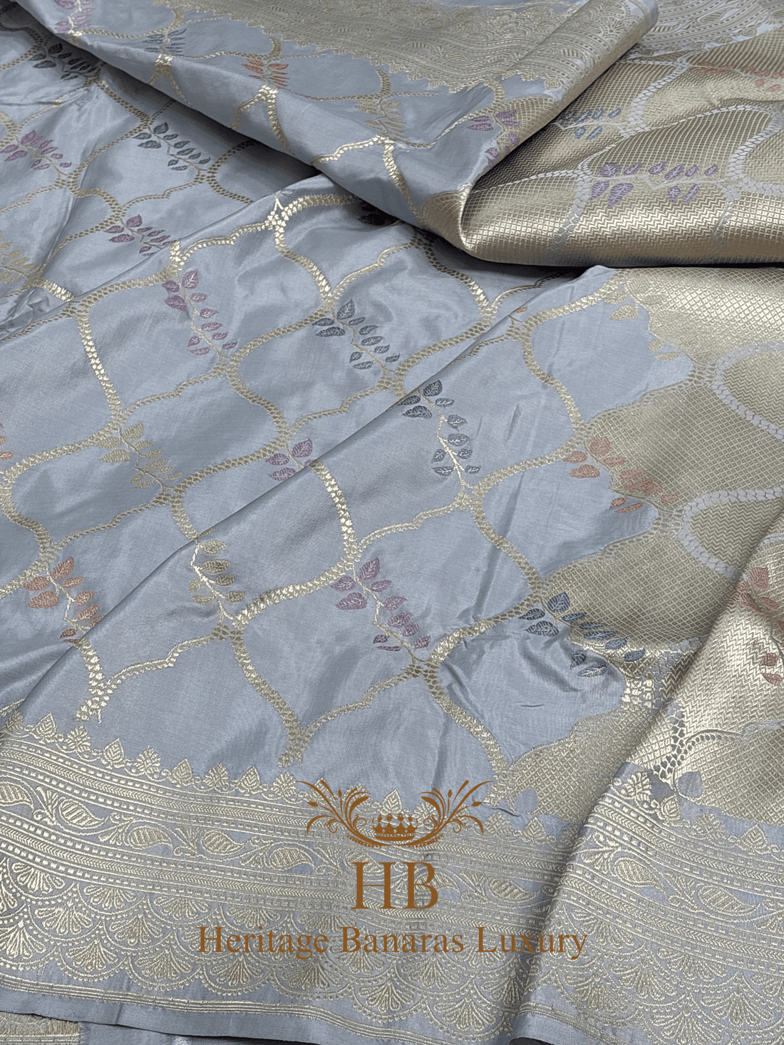 Pure Steel Grey Banarasi Katan Silk Handwoven Saree with Zari Work