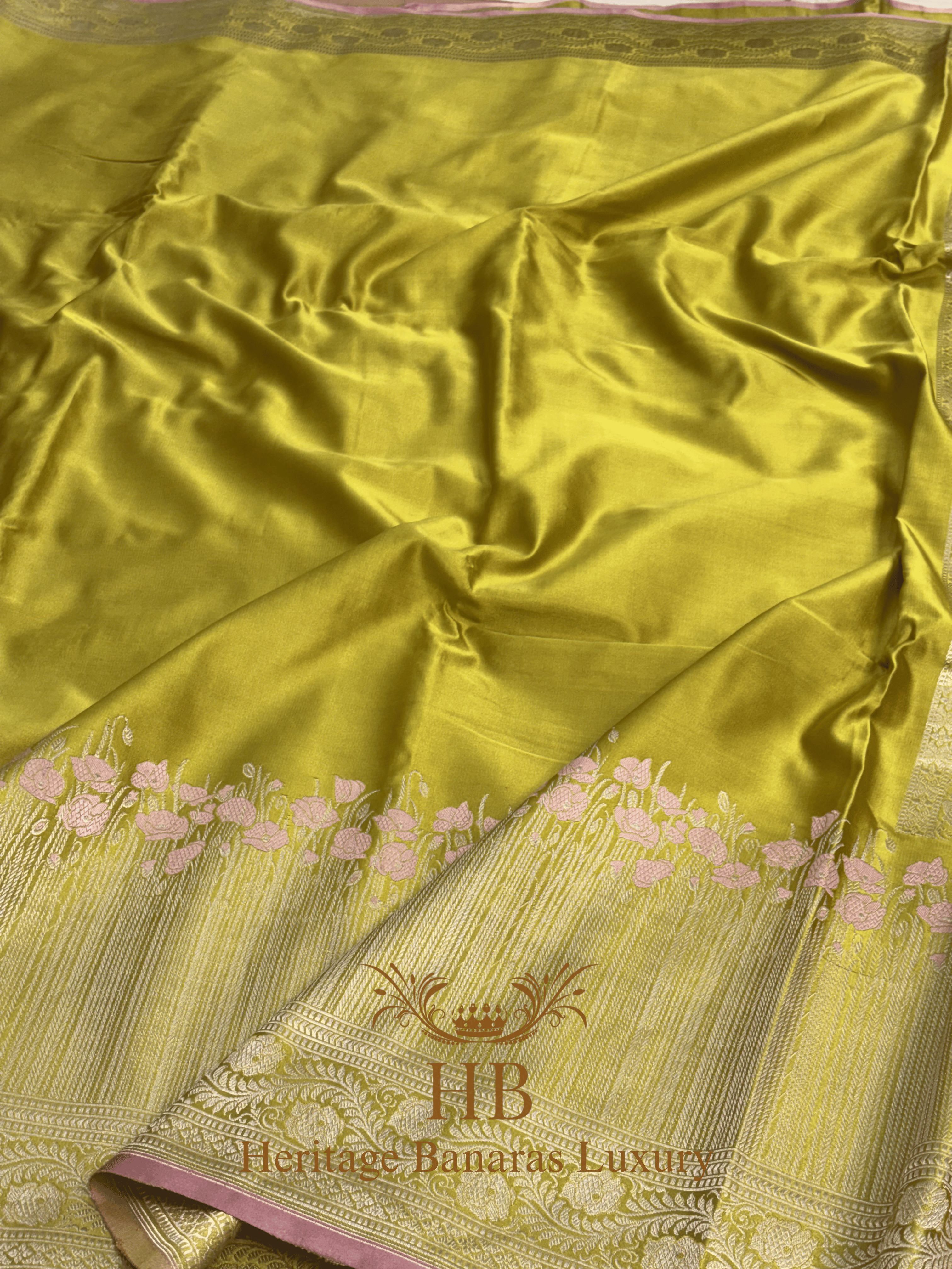 Lemon Yellow Handwoven Banarasi Pure Satin Silk Saree