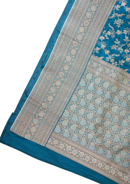 Teal Blue Banarasi Pure Katan Silk Minakari Jaal Saree