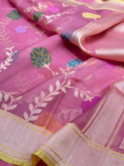 Blush Pink Pure Banarasi Ektara Kora Jamdani Silk Handwoven Saree