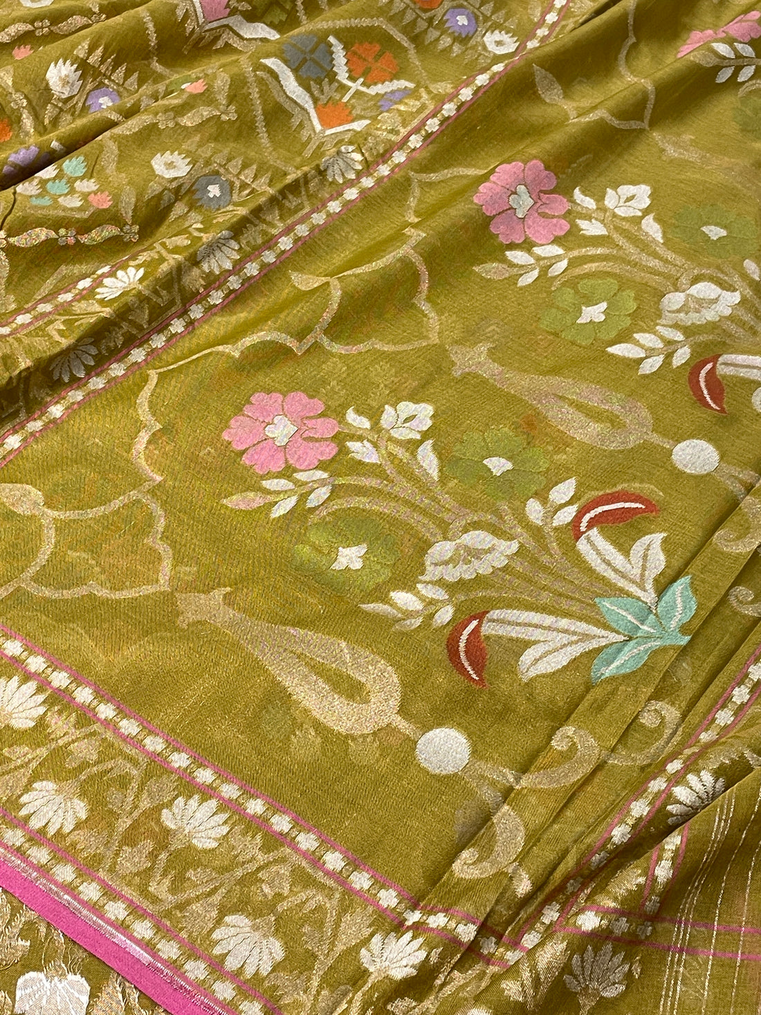 Mehandi Green Banarasi cotton Jamdani handloom Saree
