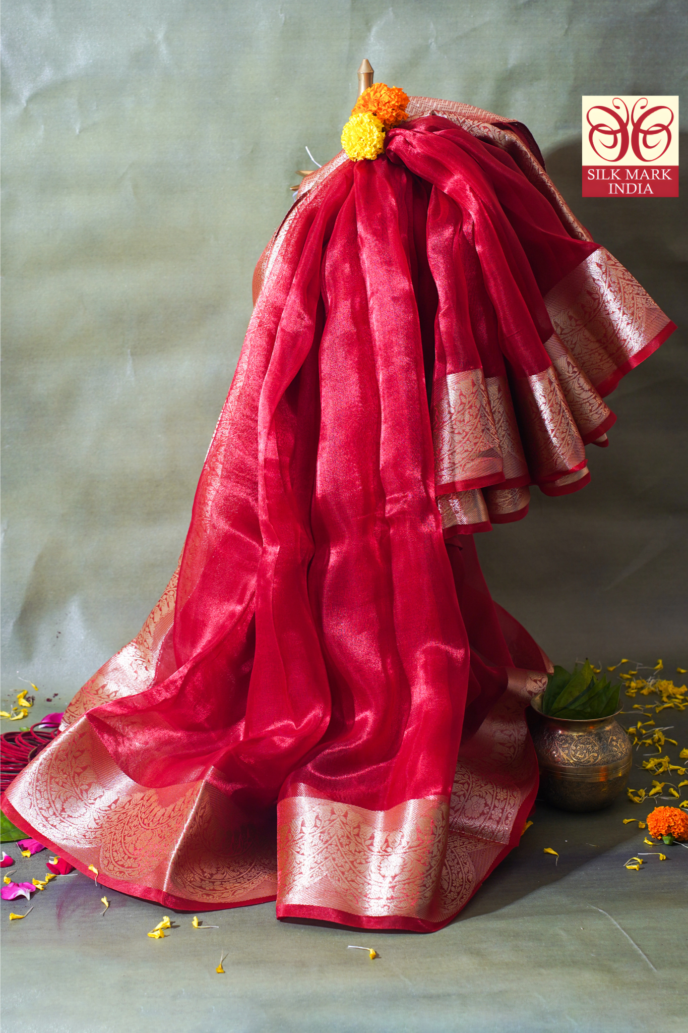 Crimson Red Banarasi Pure Tissue Silk Saree