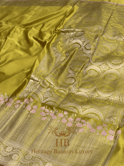 Lemon Yellow Handwoven Banarasi Pure Satin Silk Saree