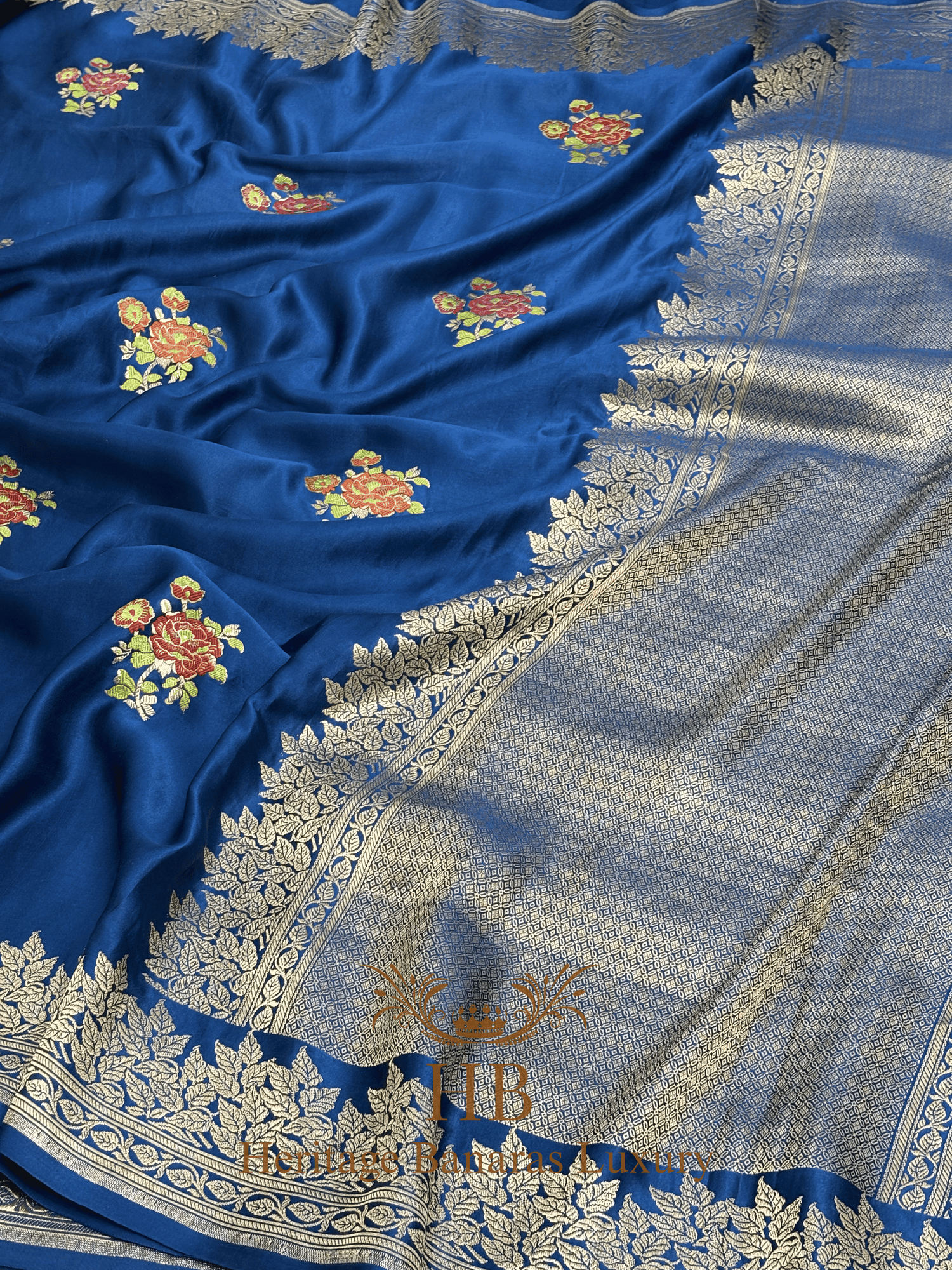 German Blue Handwoven Banarasi Pure Mashru Silk Saree