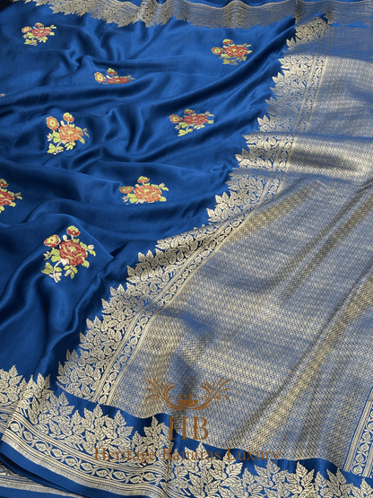 German Blue Handwoven Banarasi Pure Mashru Silk Saree