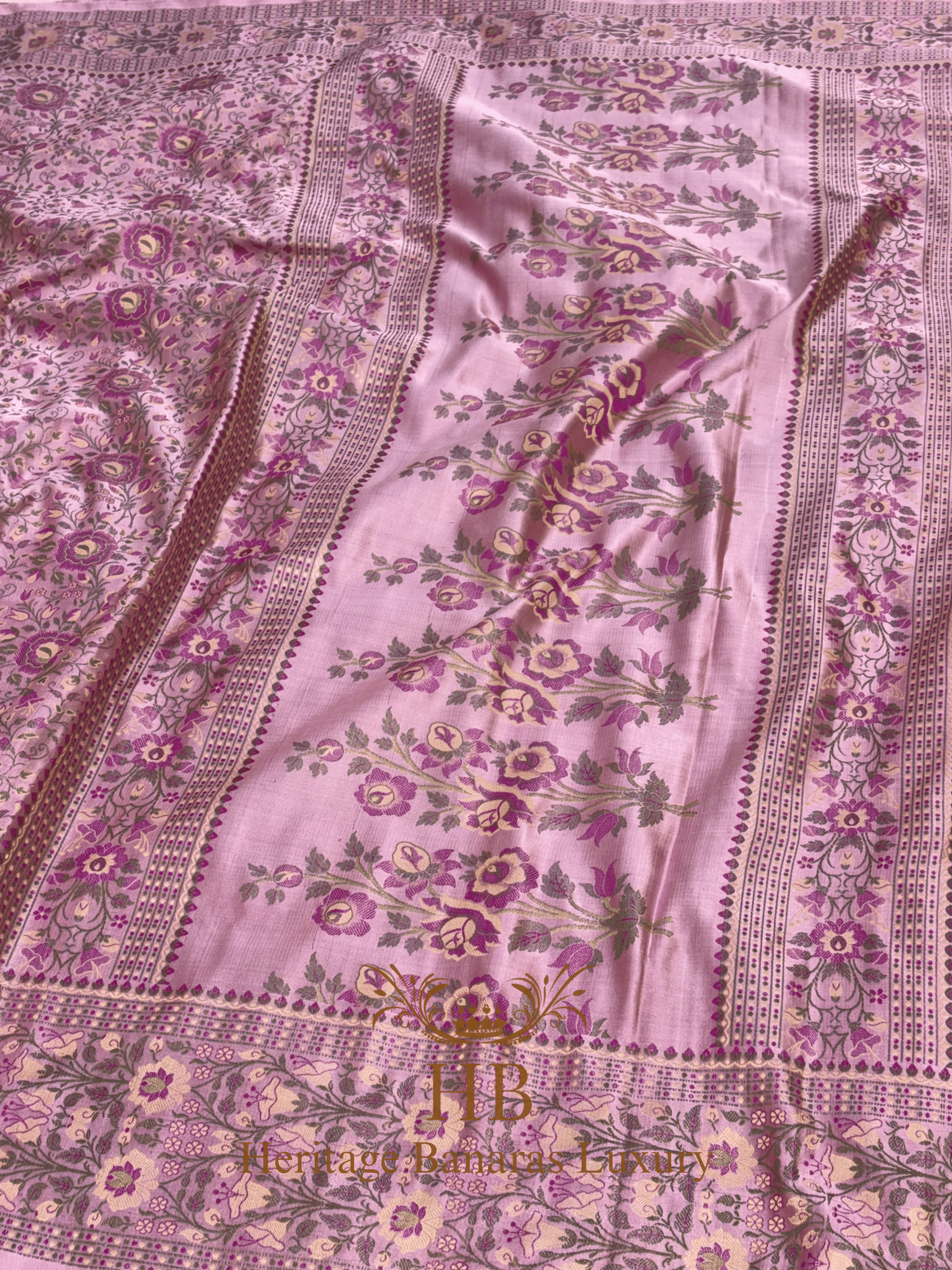 Baby Pink Handwoven Banarasi Pure Satin Silk Tanchoi Saree