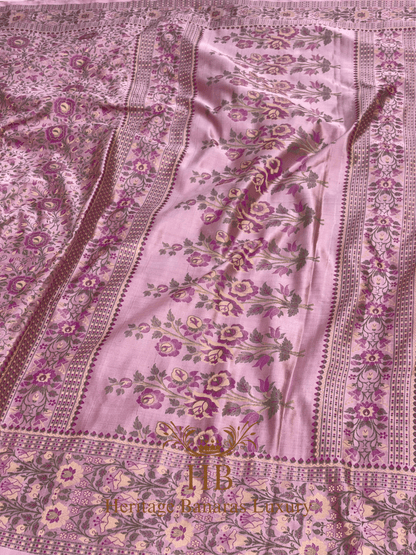Baby Pink Handwoven Banarasi Pure Satin Silk Tanchoi Saree