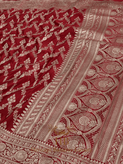 Red Handwoven Banarasi Pure Satin Silk Jaal Saree