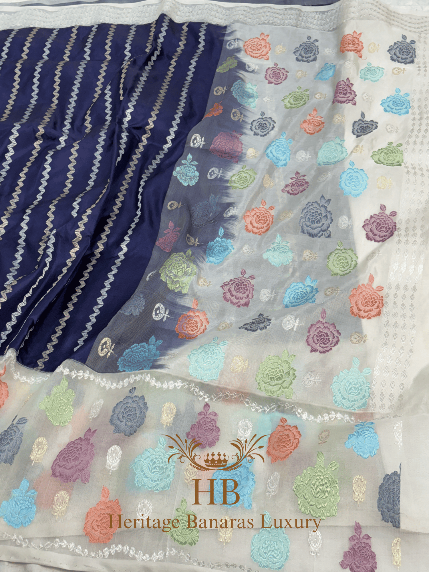 Navy Blue Handwoven Banarasi Pure Katan Silk Saree with Multicolour Kadhiyal Border