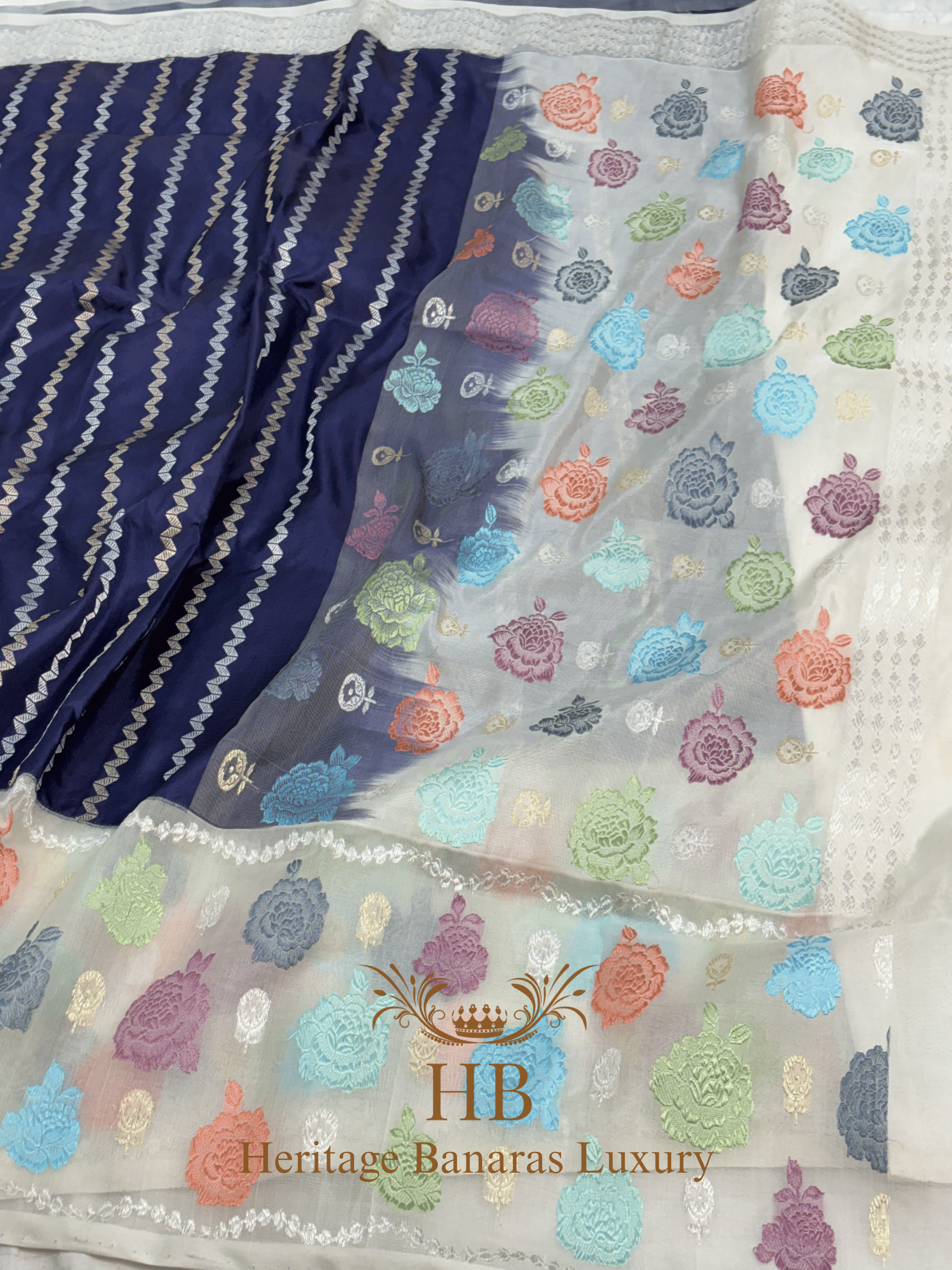 Navy Blue Handwoven Banarasi Pure Katan Silk Saree with Multicolour Kadhiyal Border