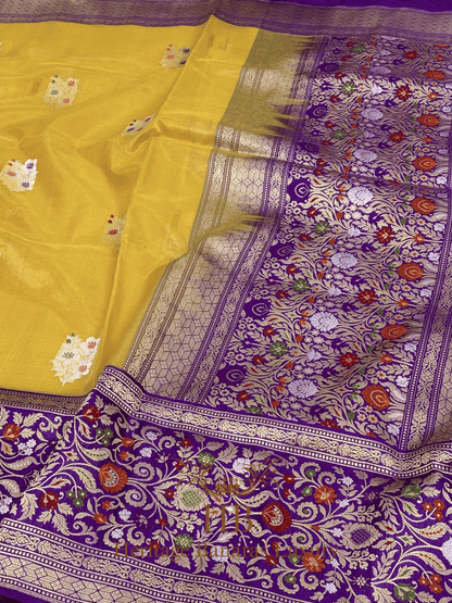 Yellow Handwoven Banarasi Pure Banarasi Tissue Silk Saree with Purple Kadhiyal Border