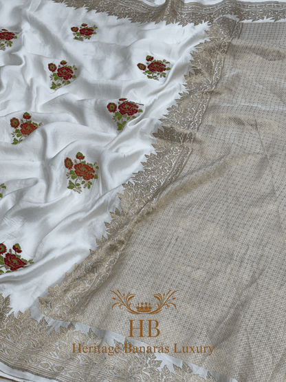 Natural Off-White Handwoven Banarasi Pure Mashru Silk Saree