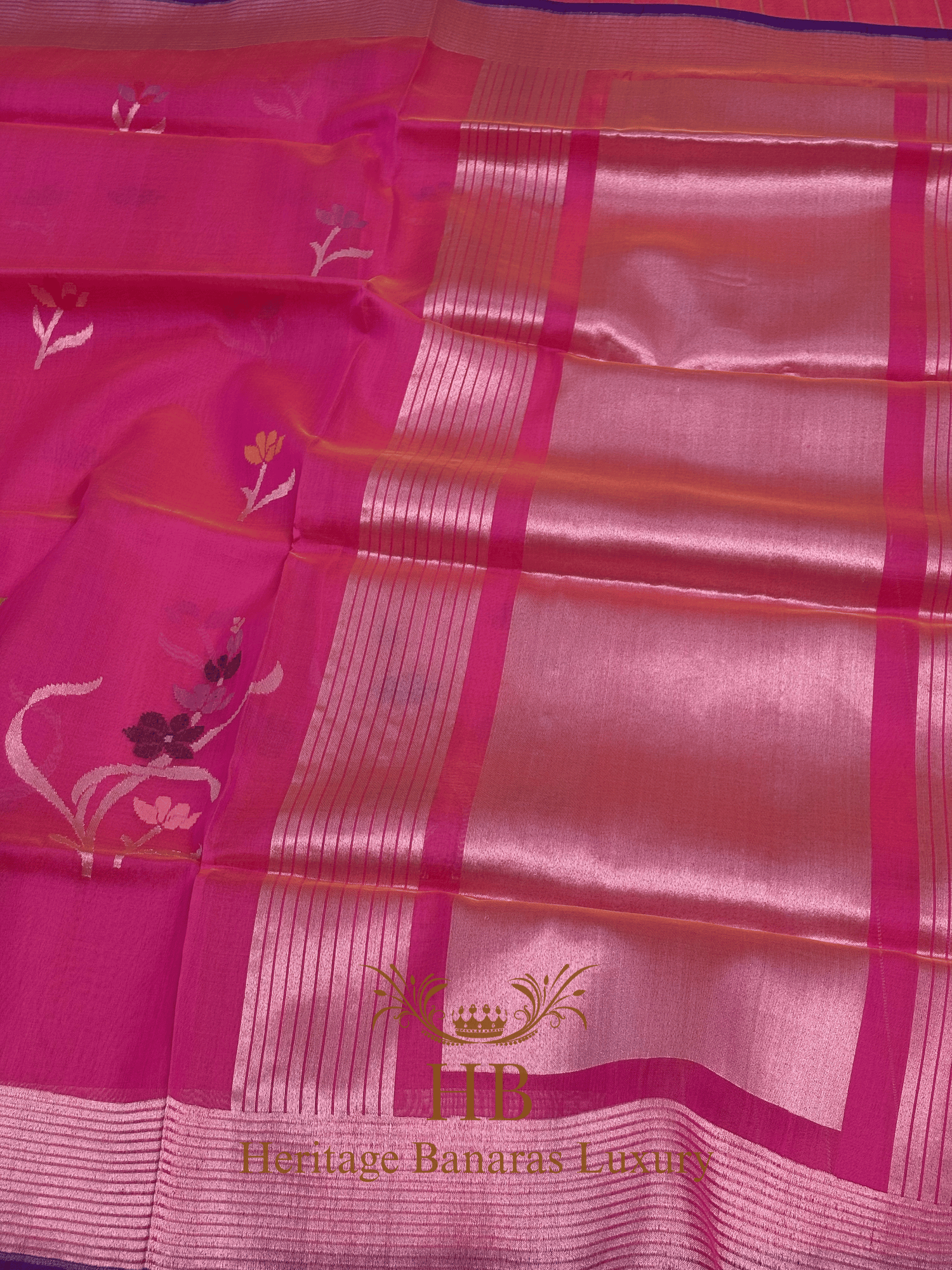 Rani Pink Handwoven Banarasi Pure Kora Silk Saree