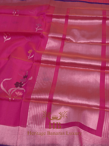 Rani Pink Handwoven Banarasi Pure Kora Silk Saree