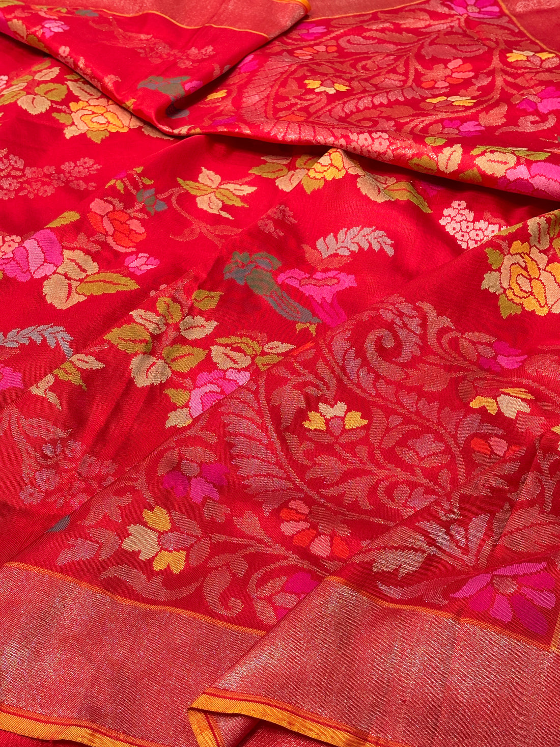 Red Banarasi Ektara Silk Handwoven Saree with Real Zari
