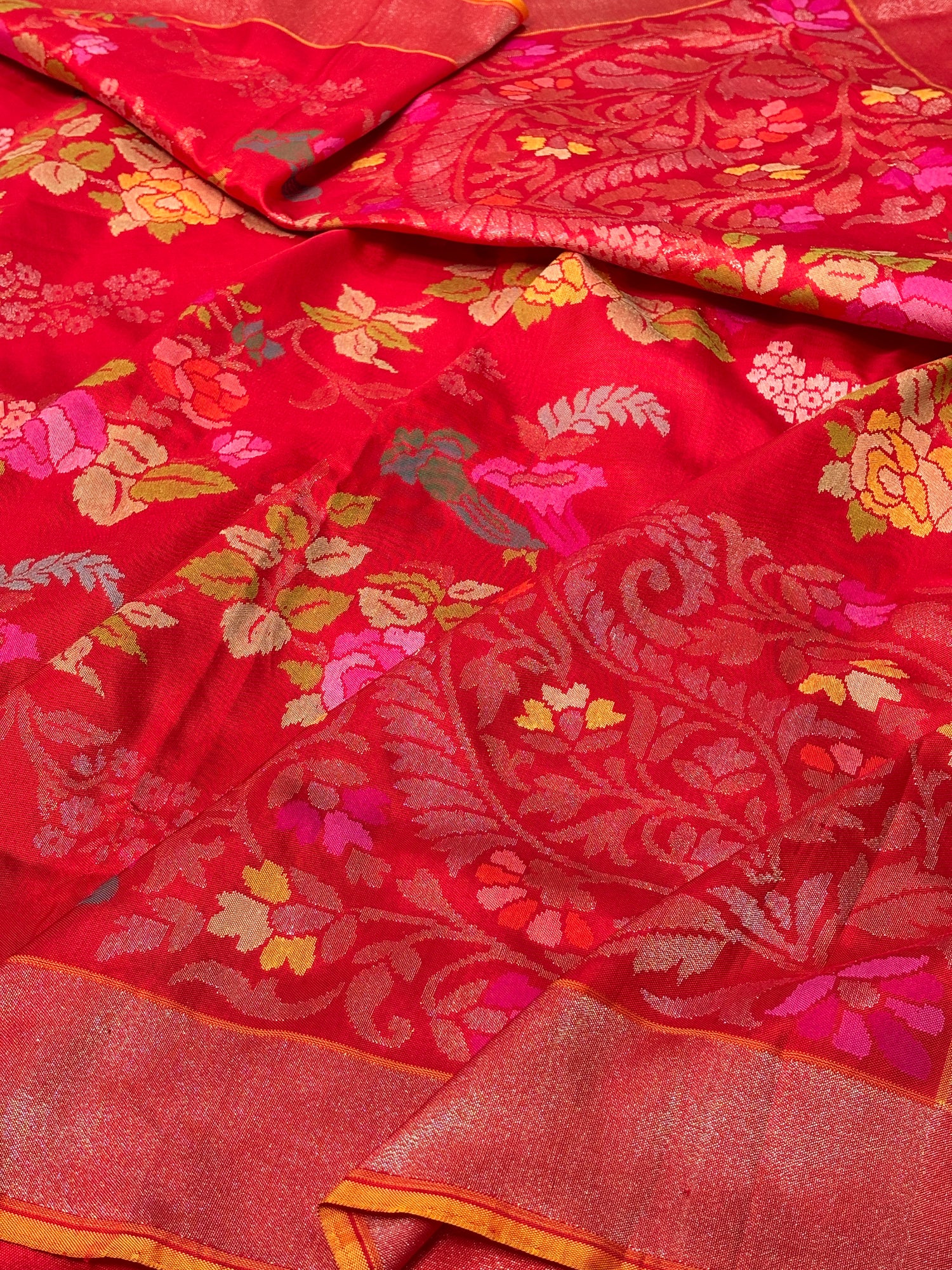 Red Banarasi Ektara Silk Handwoven Saree with Real Zari