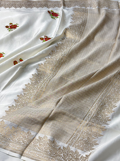 Ivory Banarasi Satin-Mashru Silk Handwoven Saree