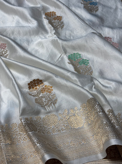 Ivory Banarasi Satin-Mashru Silk Handwoven Saree