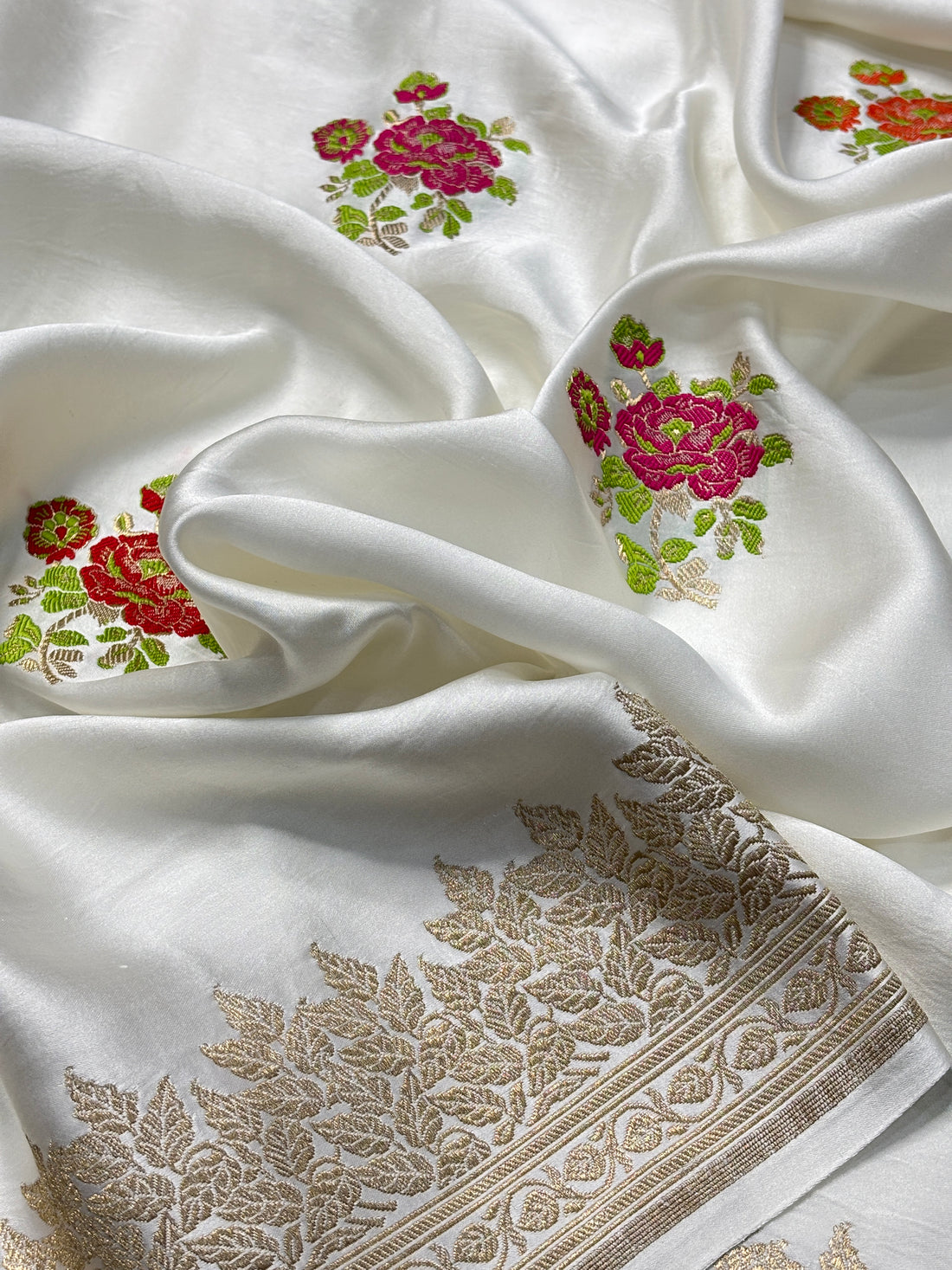 Ivory Banarasi Satin-Mashru Silk Handwoven Saree
