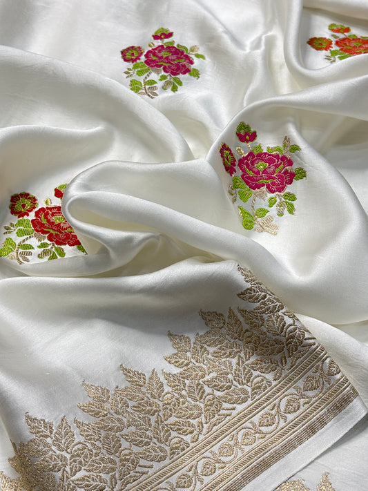 Ivory Banarasi Satin-Mashru Silk Handwoven Saree