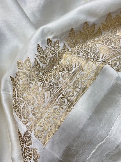 Ivory Banarasi Satin-Mashru Silk Handwoven Saree