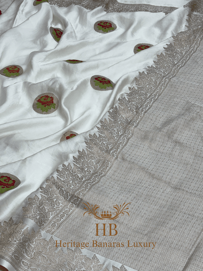 Natural Off-White Handwoven Banarasi Pure Mashru Silk Saree