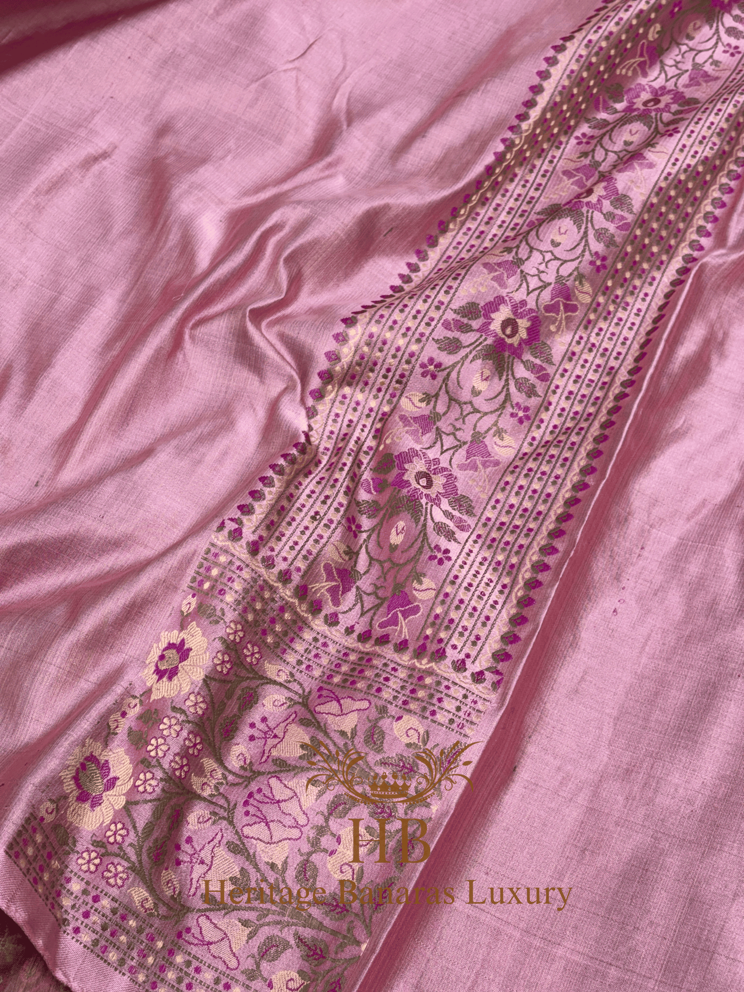 Baby Pink Handwoven Banarasi Pure Satin Silk Tanchoi Saree