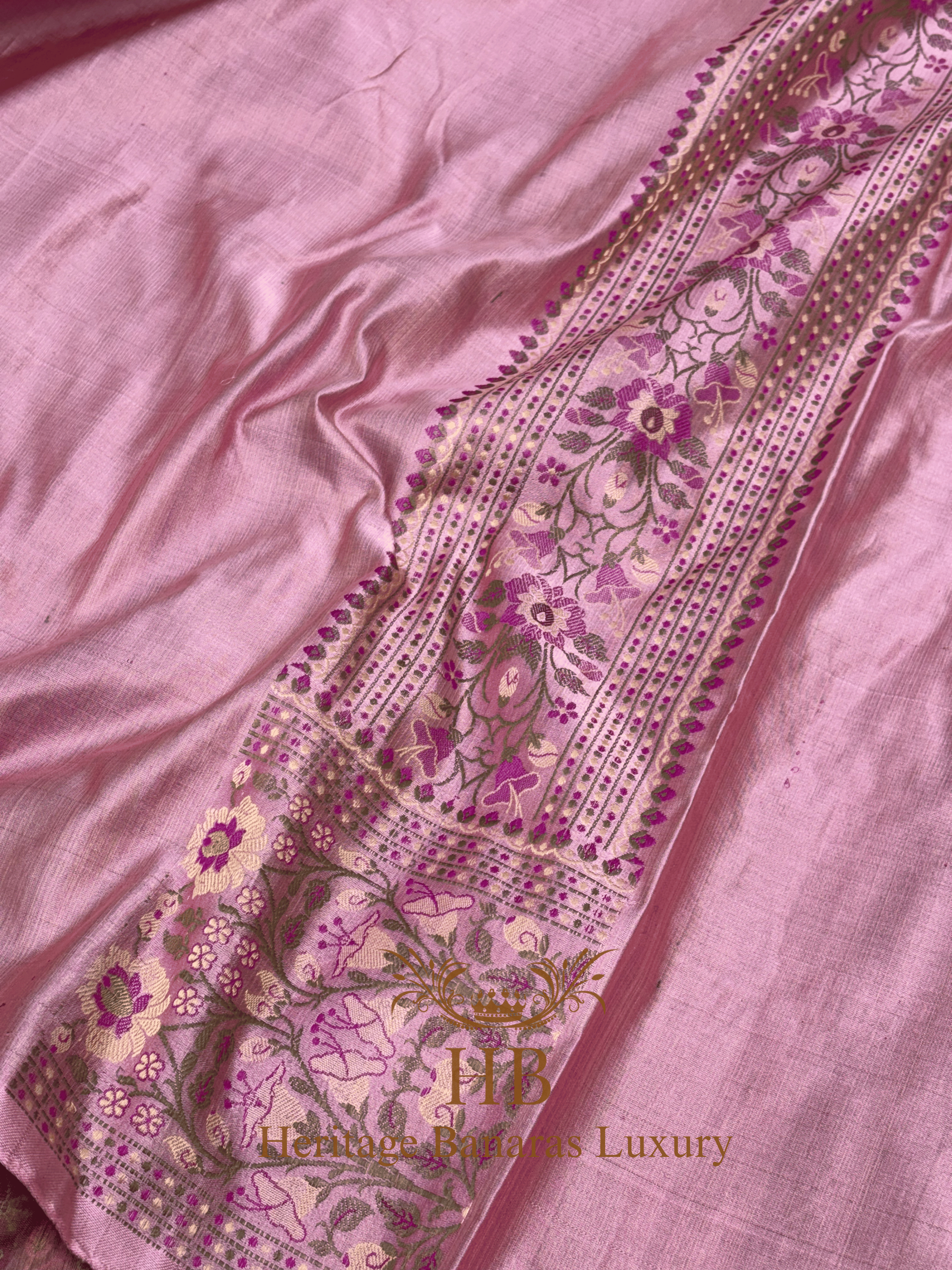Baby Pink Handwoven Banarasi Pure Satin Silk Tanchoi Saree