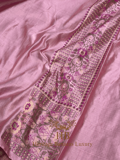 Baby Pink Handwoven Banarasi Pure Satin Silk Tanchoi Saree