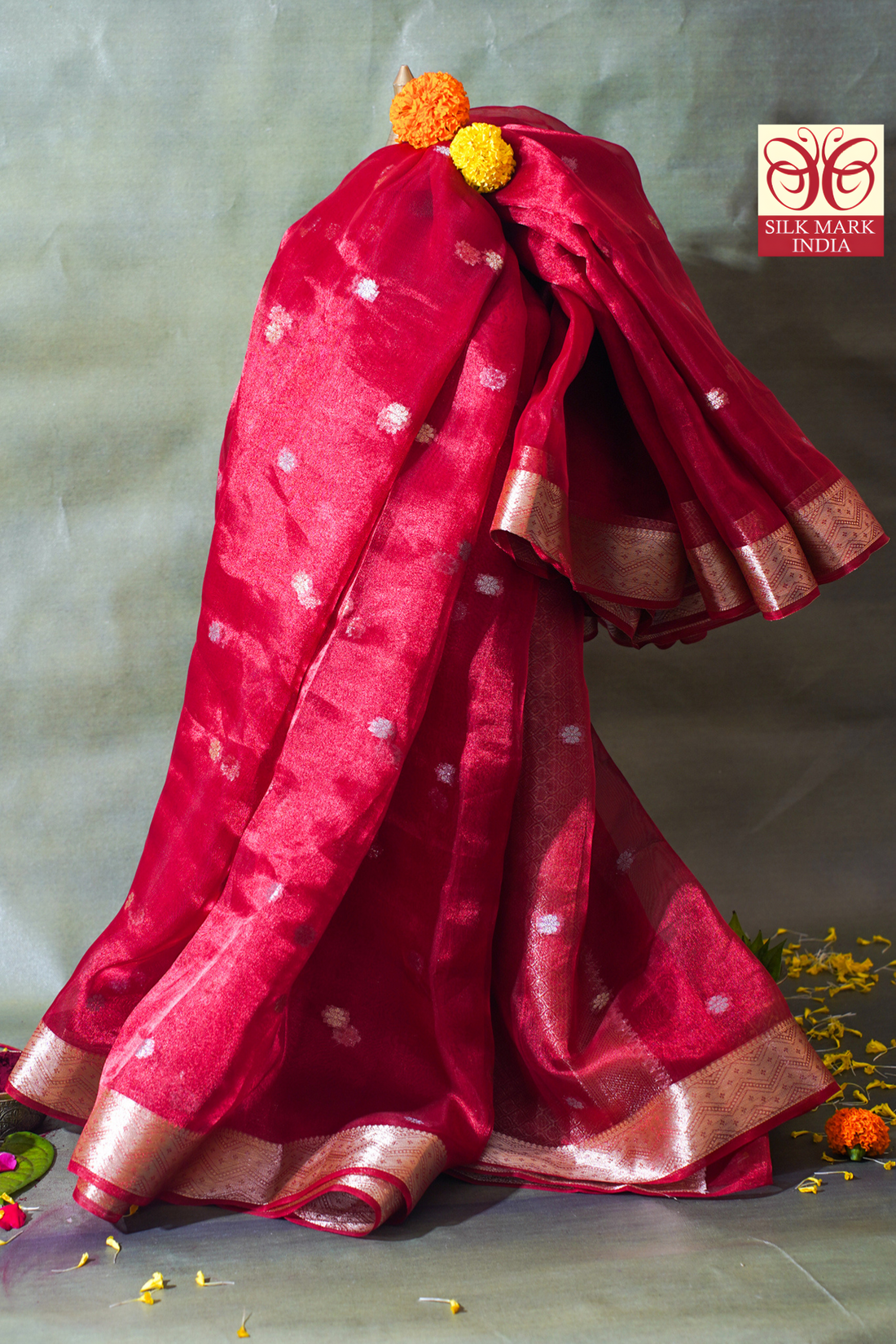 Crimson Red Banarasi Pure Tissue Silk Saree with Silver Buti Weave