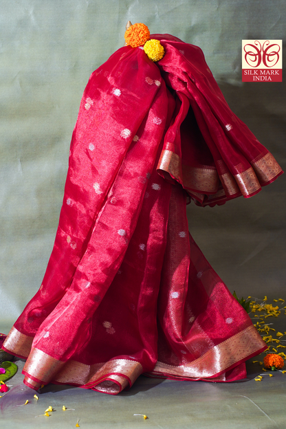Crimson Red Banarasi Pure Tissue Silk Saree with Silver Buti Weave