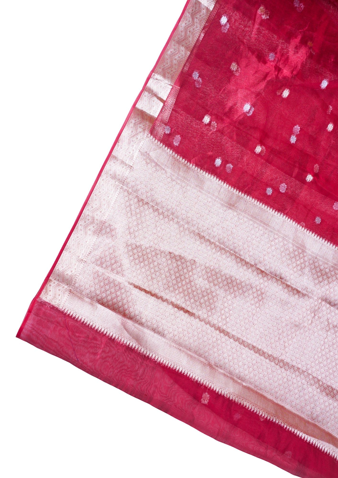Crimson Red Banarasi Pure Tissue Silk Saree with Silver Buti Weave