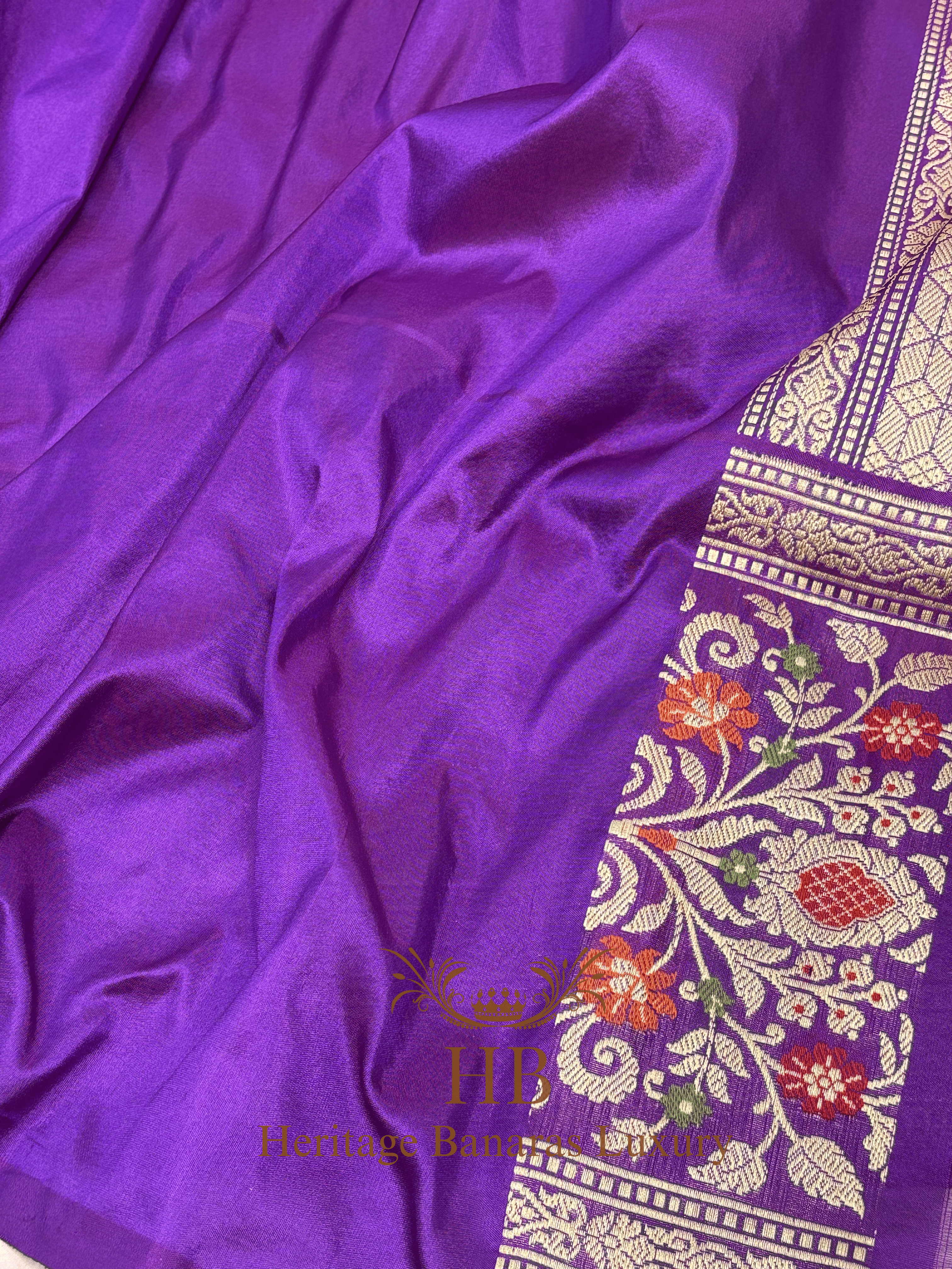 Yellow Handwoven Banarasi Pure Banarasi Tissue Silk Saree with Purple Kadhiyal Border